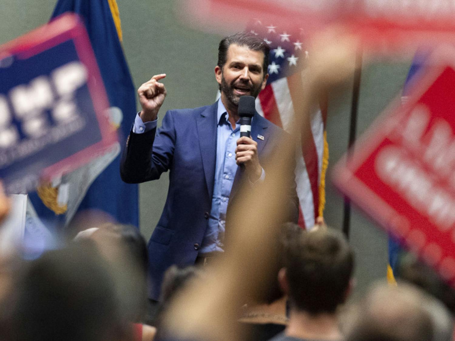 Donald Trump Jr speaks at a Louisiana GOP rally in Lafayette, La,m for both Republican gubernatorial candidates. Monday, Oct. 7, 2019. (Scott Clause/The Daily Advertiser via AP)