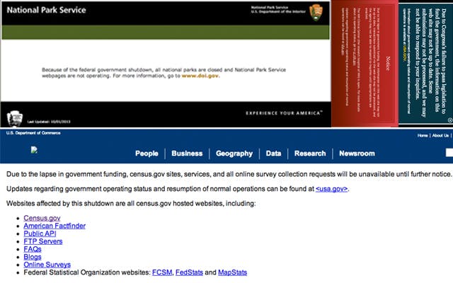 A compilation of shutdown notices are seen on various government websites.