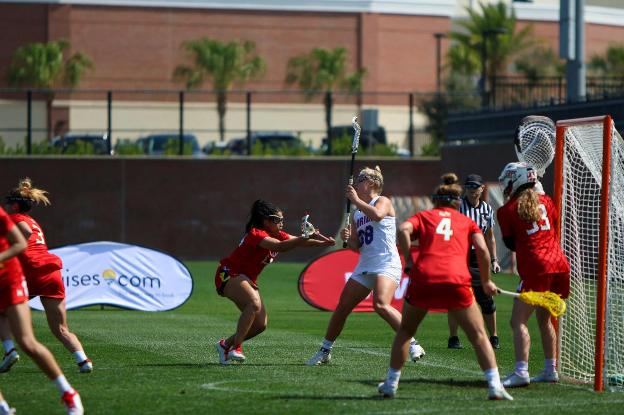 Florida attacker Tayler Warehime stands near Maryland's goal during the Gators' 14-13 loss to the Terrapins Saturday, Feb. 25, 2023.