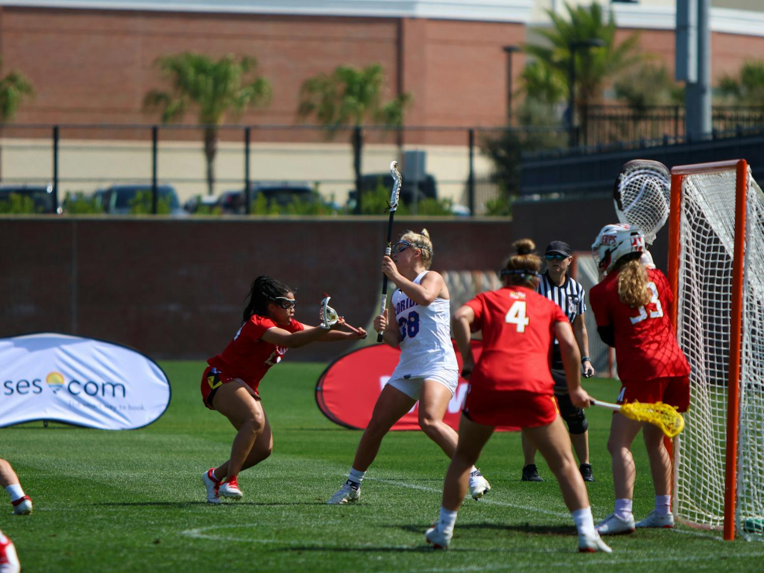 Florida attacker Tayler Warehime stands near Maryland's goal during the Gators' 14-13 loss to the Terrapins Saturday, Feb. 25, 2023.