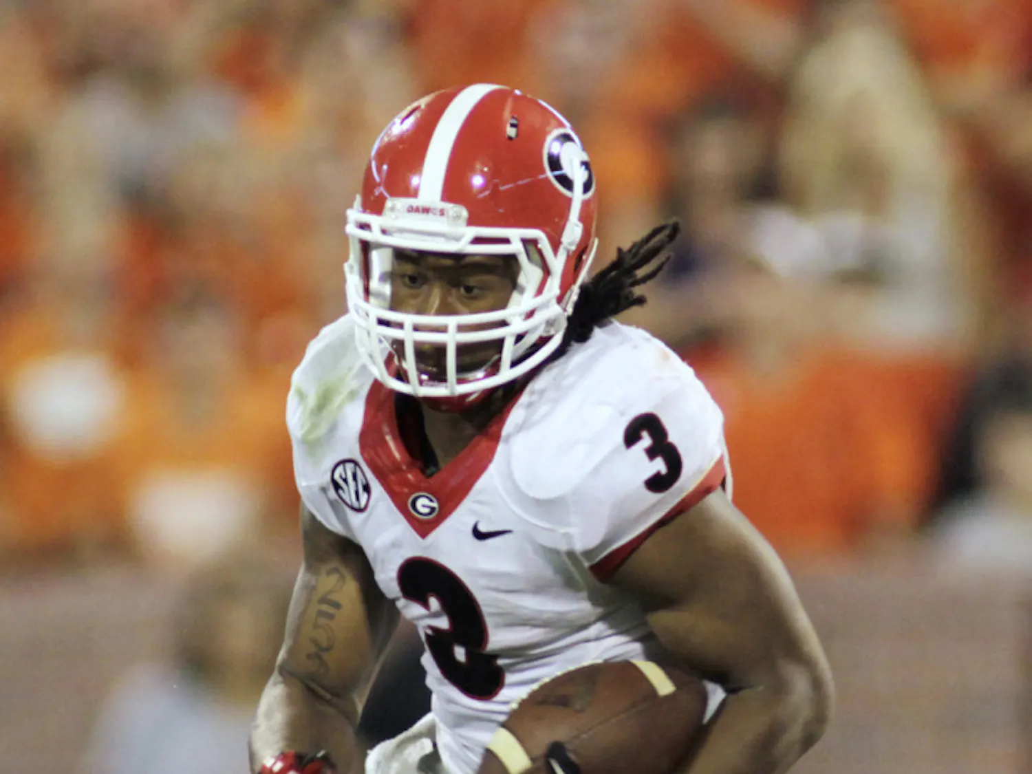Todd Gurley runs the ball during Georgia’s 38-35 loss against Clemson at Memorial Stadium in Clemson, S.C. Gurley has missed three games with an ankle injury.