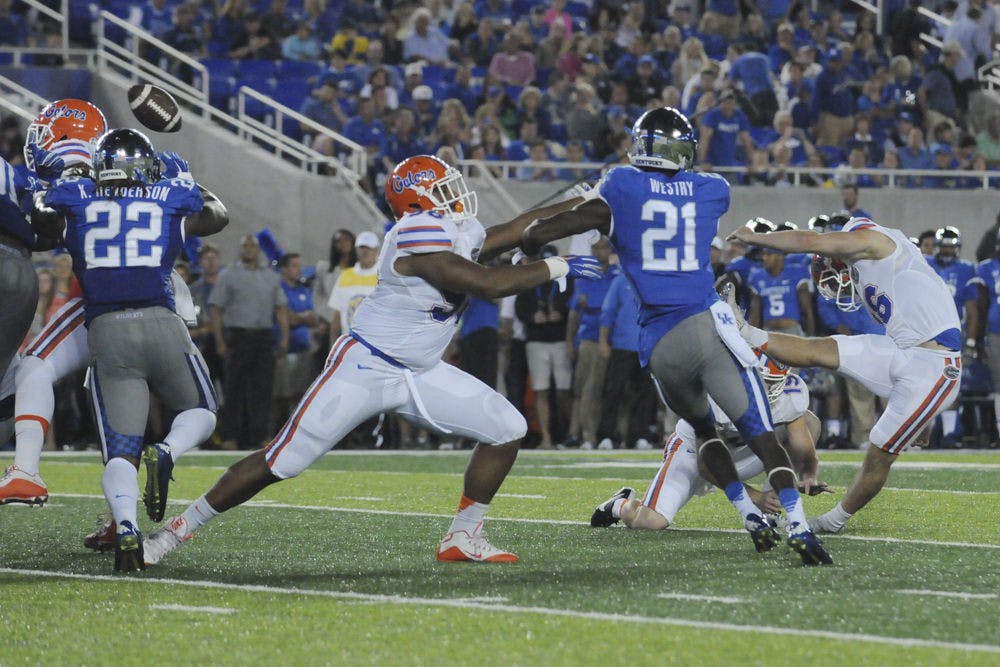 <p>UF's Austin Hardin connects on an extra-point attempt during Florida's 14-9 win against Kentucky on Sept. 19, 2015, at Commonwealth Stadium in Lexington, Kentucky</p>