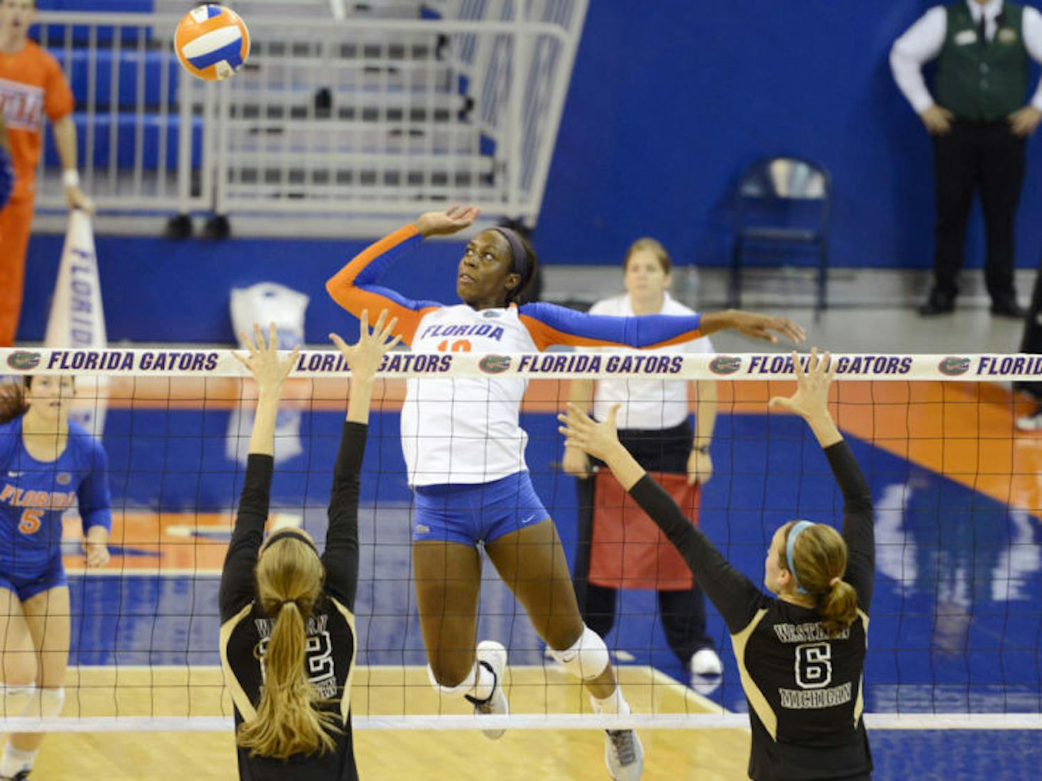 Chloe Mann jumps to spike the ball during Florida’s four-set victory against Western Michigan in the O’Connell Center on Sept. 14