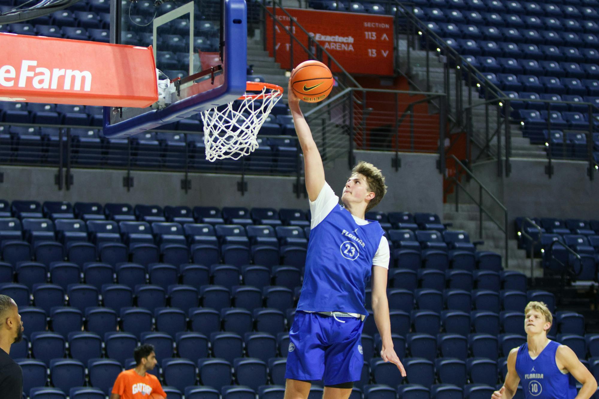 Graduate student guard Julian Rishwain attempts a layup during the Florida Gators men's basketball open practice on Monday, Oct. 2, 2023.