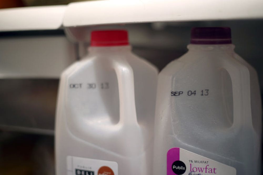 <p>Expired milk sits in a fridge Wednesday afternoon. A recent study suggested food and drinks with expired labels may not be immediately inedible.</p>