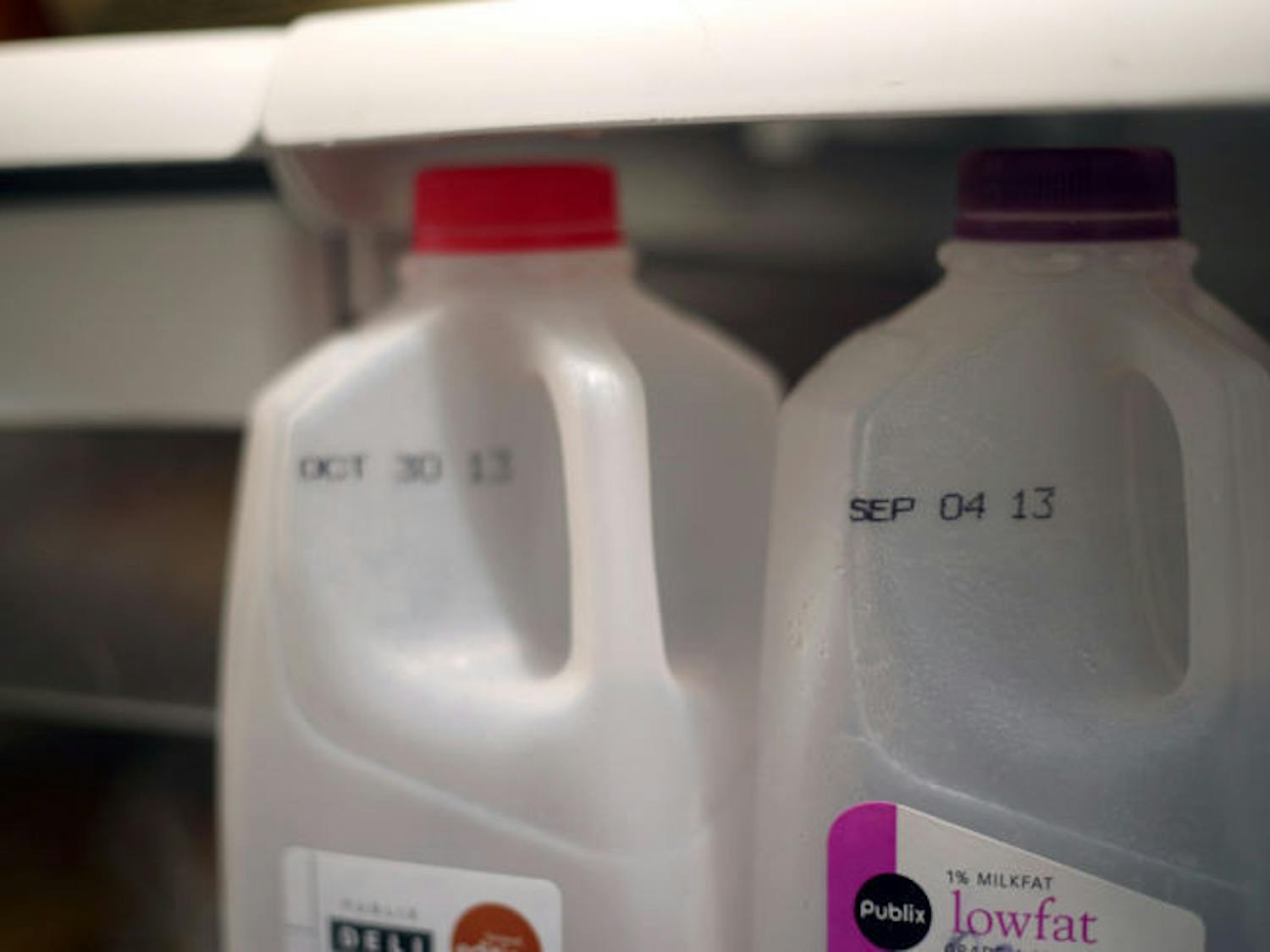 Expired milk sits in a fridge Wednesday afternoon. A recent study suggested food and drinks with expired labels may not be immediately inedible.