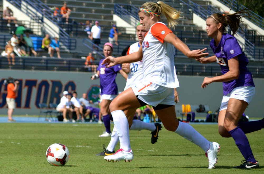 <p>Savannah Jordan runs the ball down the field during Florida’s 3-0 win against LSU on Saturday at James G. Pressly Stadium. Jordan scored twice in the Gators’ victory against the Tigers.</p>