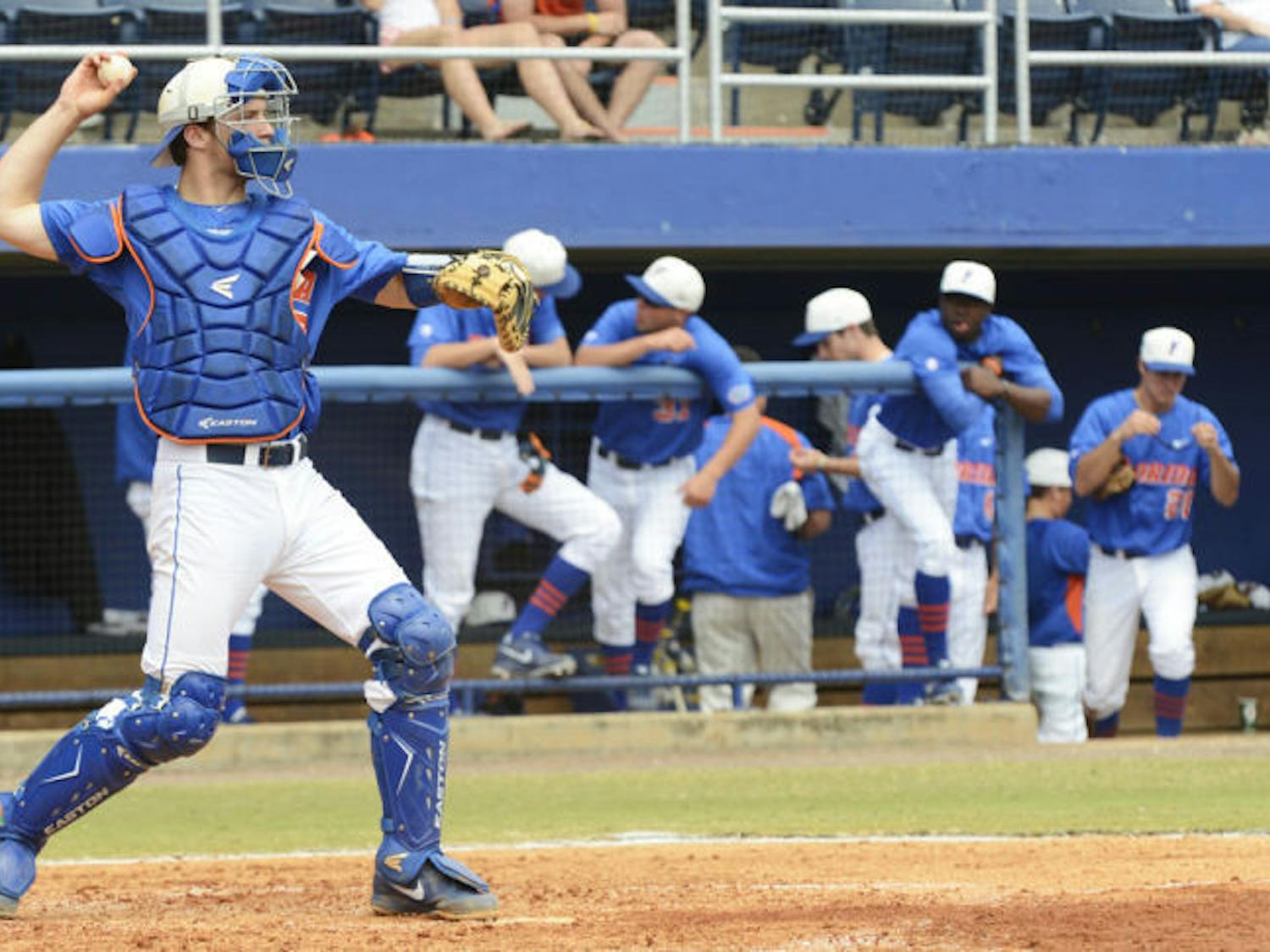 Catcher Taylor Gushue throws the ball back to the mound during warmups between innings in Florida’s 4-0 victory against Ole Miss on March 31 at McKethan Stadium.&nbsp;