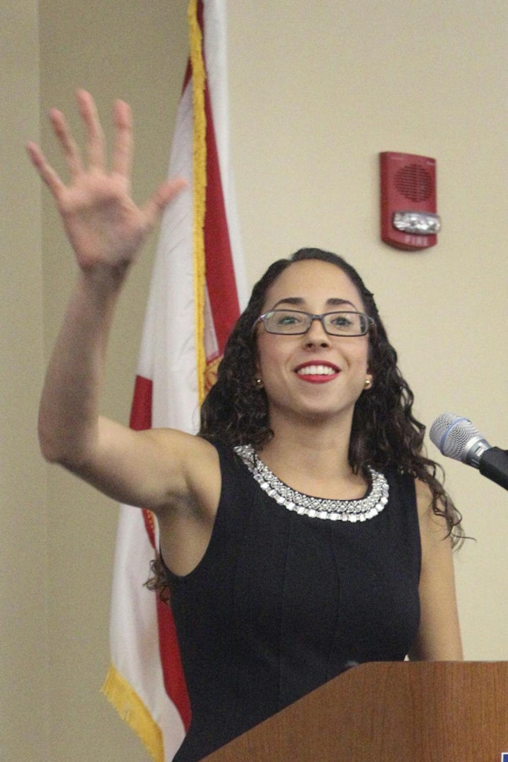 <p>UF Student Body President Joselin Padron-Rasines gives the 2015 State of the Campus Address on Nov. 16, 2015.</p>