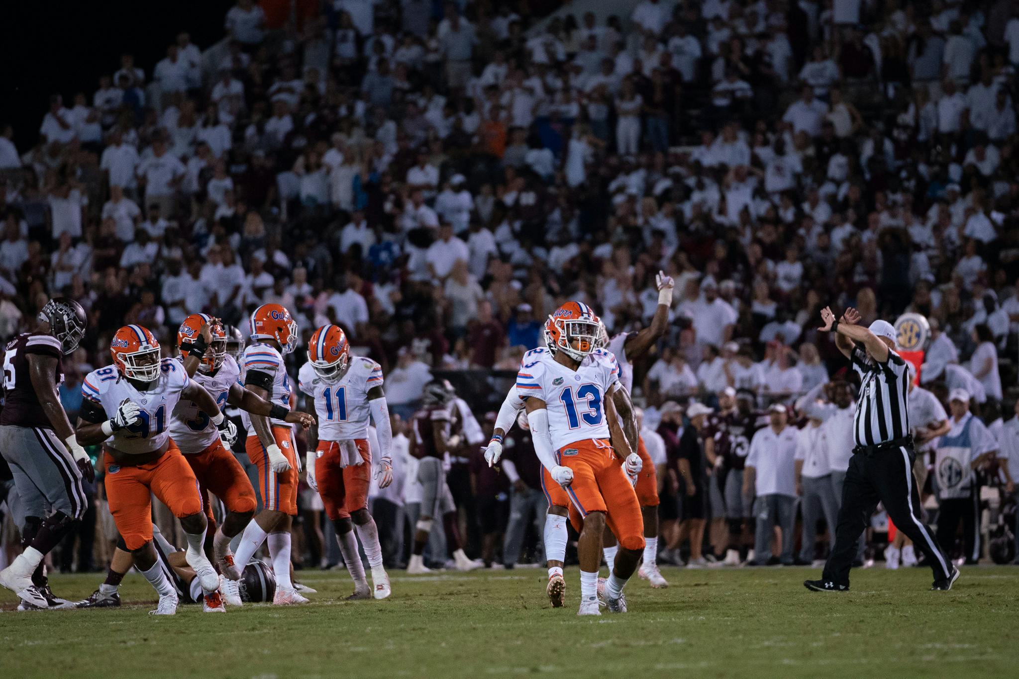 Florida safety Donovan Stiner (13) sacked Mississippi State quarterback Nick Fitzgerald at the end of the game, forcing a turnover on downs and sealing the win for the Gators.