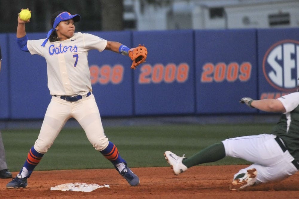 <p>Kelsey Stewart throws to first during UF's doubleheader sweep of Jacksonville on Feb. 17, 2016, at Katie Seashole Pressly Stadium.</p>