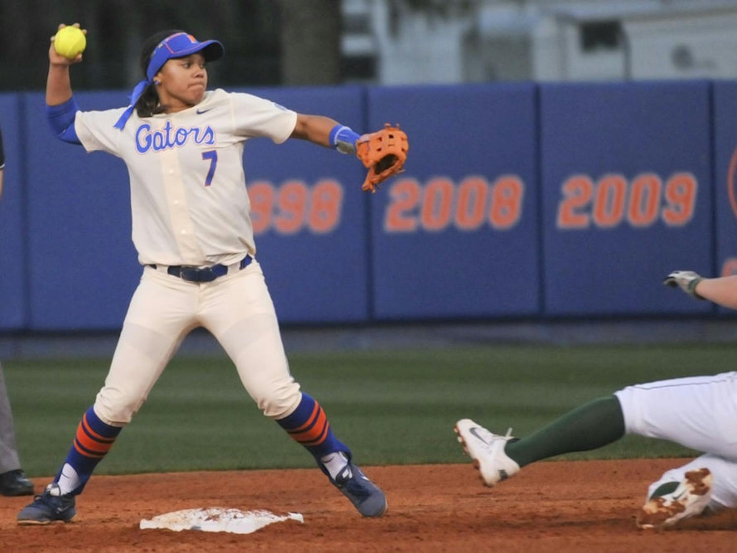 Kelsey Stewart throws to first during UF's doubleheader sweep of Jacksonville on Feb. 17, 2016, at Katie Seashole Pressly Stadium.