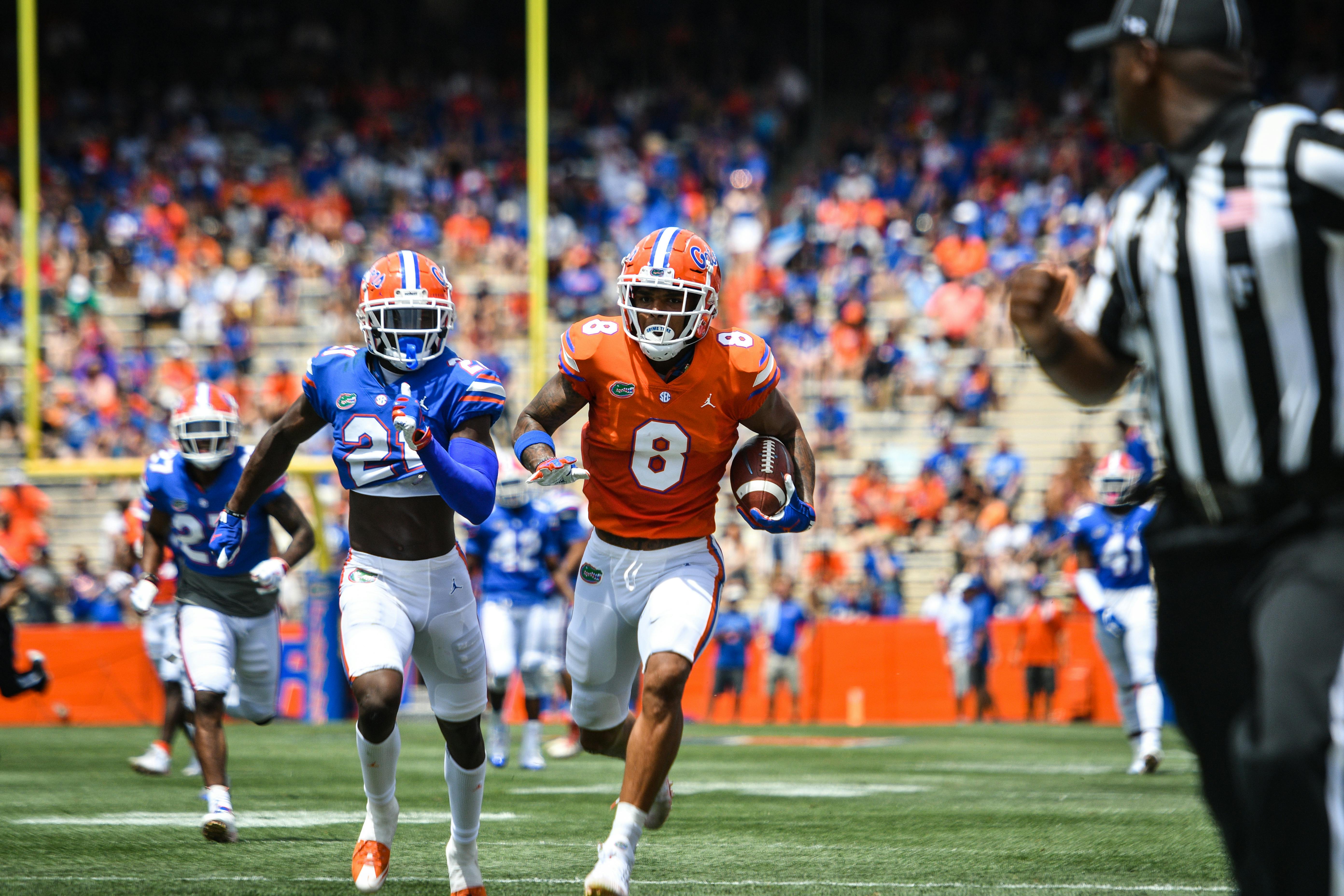 Receiver Trevon Grimes (8) shined in Florida's spring game with four catches for 195 yards. 