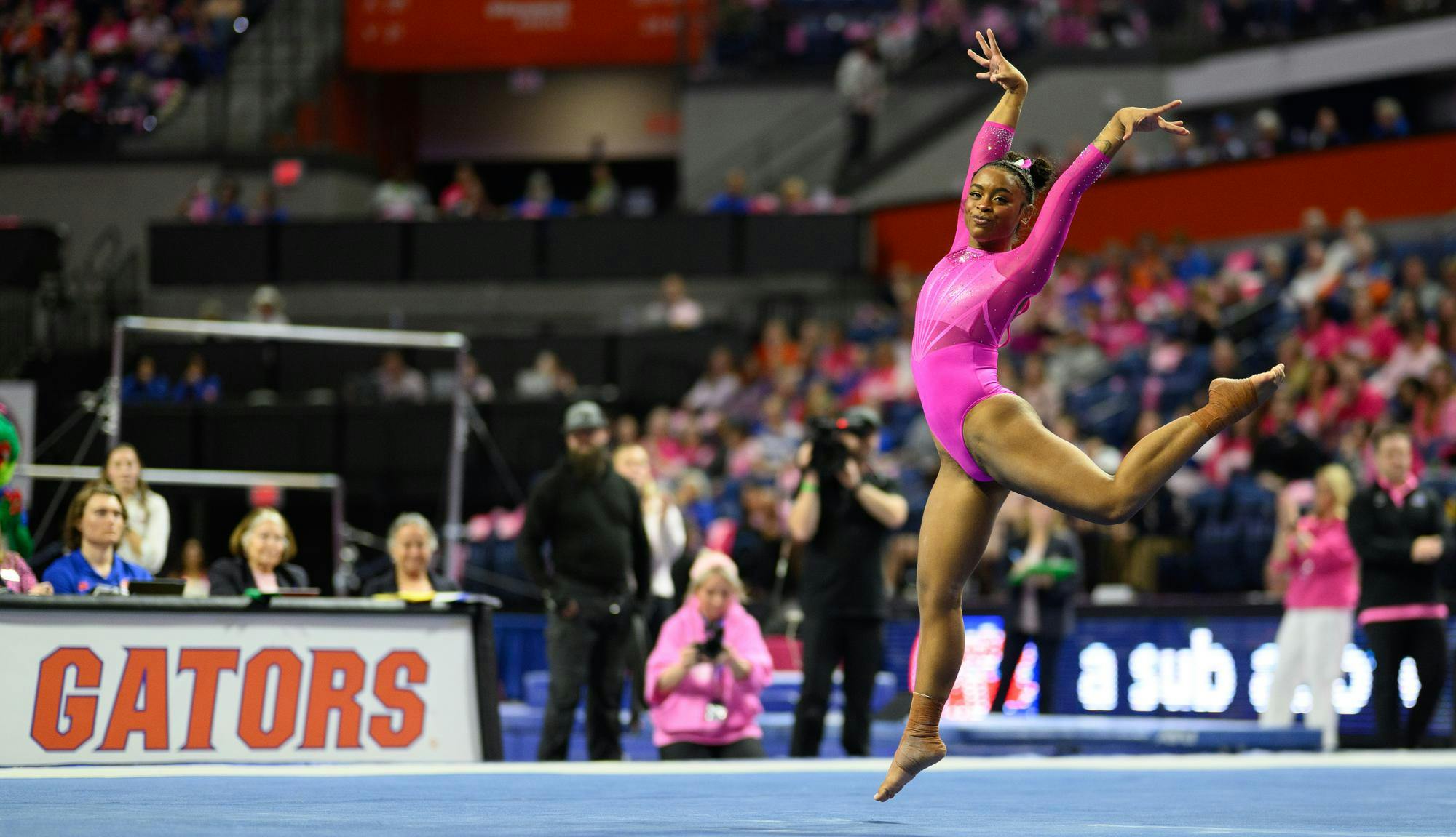 Florida gymnast Selena Harris-Miranda performs on the floor during an NCAA gymnastics meet against Oklahoma, Friday, Feb. 13, 2026, in Gainesville, Fla.
