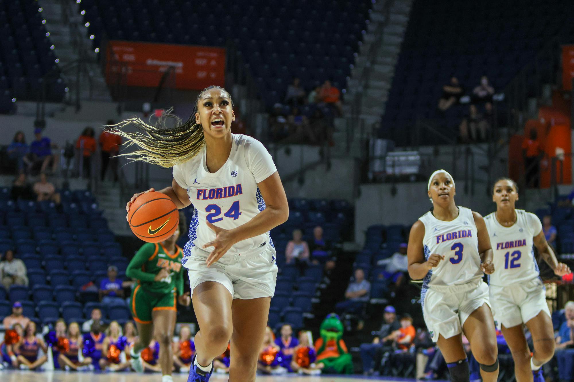Florida junior center Ra Shaya Kyle dribbles the ball in the Gators&#x27; 83-55 victory over the Florida A&amp;M Rattlers Monday, Nov. 7, 2022. She tied her season high from that game with 15 points in Florida&#x27;s win over UNC Greensboro Sunday, Dec. 18, 2022.