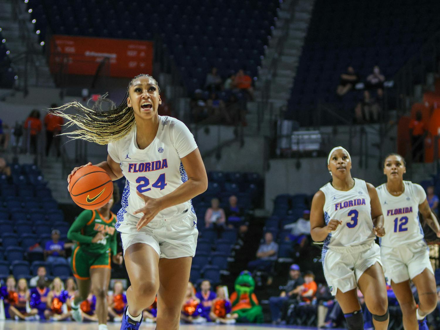 Florida junior center Ra Shaya Kyle dribbles the ball in the Gators&#x27; 83-55 victory over the Florida A&amp;M Rattlers Monday, Nov. 7, 2022. She tied her season high from that game with 15 points in Florida&#x27;s win over UNC Greensboro Sunday, Dec. 18, 2022.