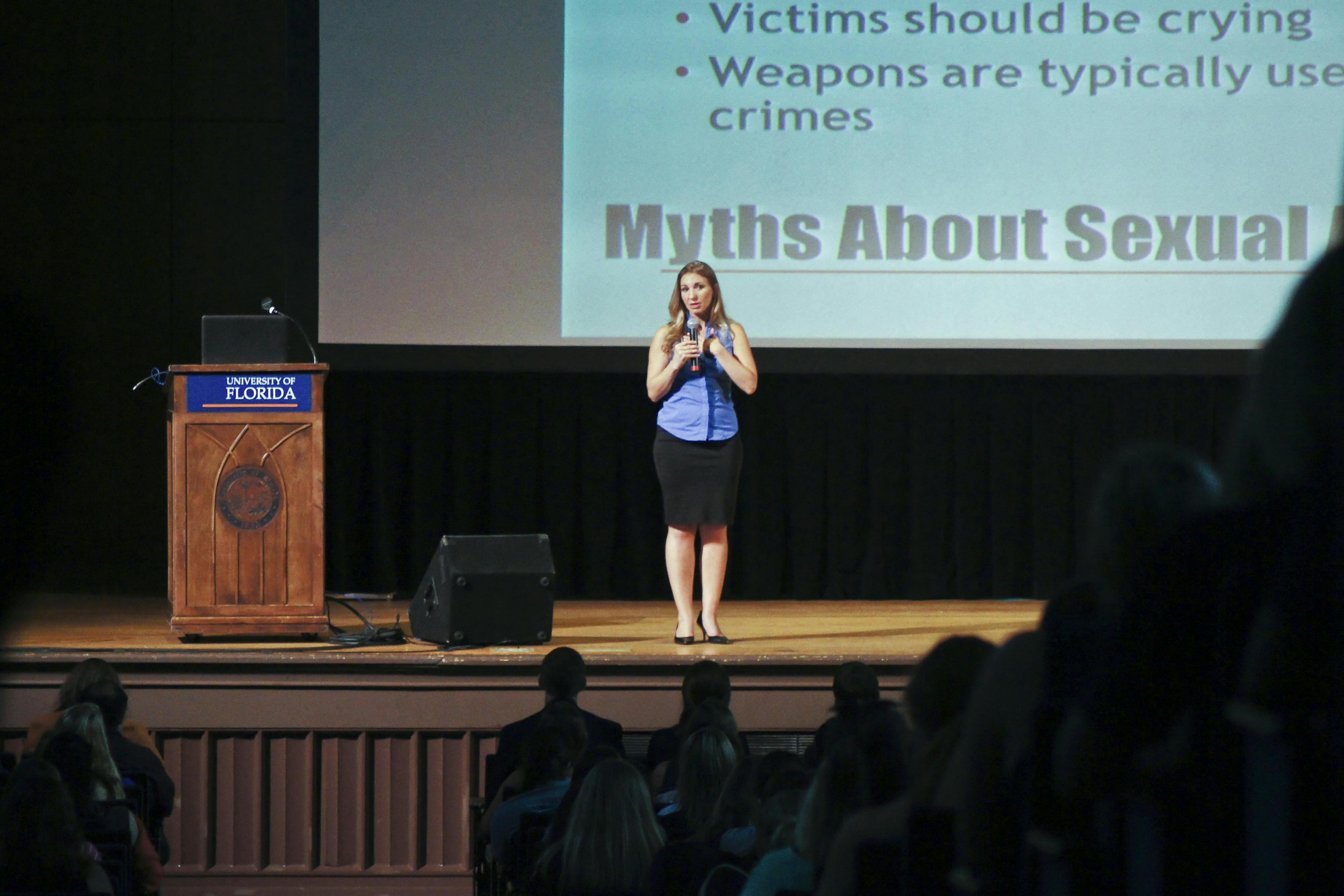 Angela Rose, sexual assault survivor and activist, addresses students Wednesday in University Auditorium for Sexual Assault Awareness Week. She was brought by Accent Speaker’s Bureau. See the story on page 3.