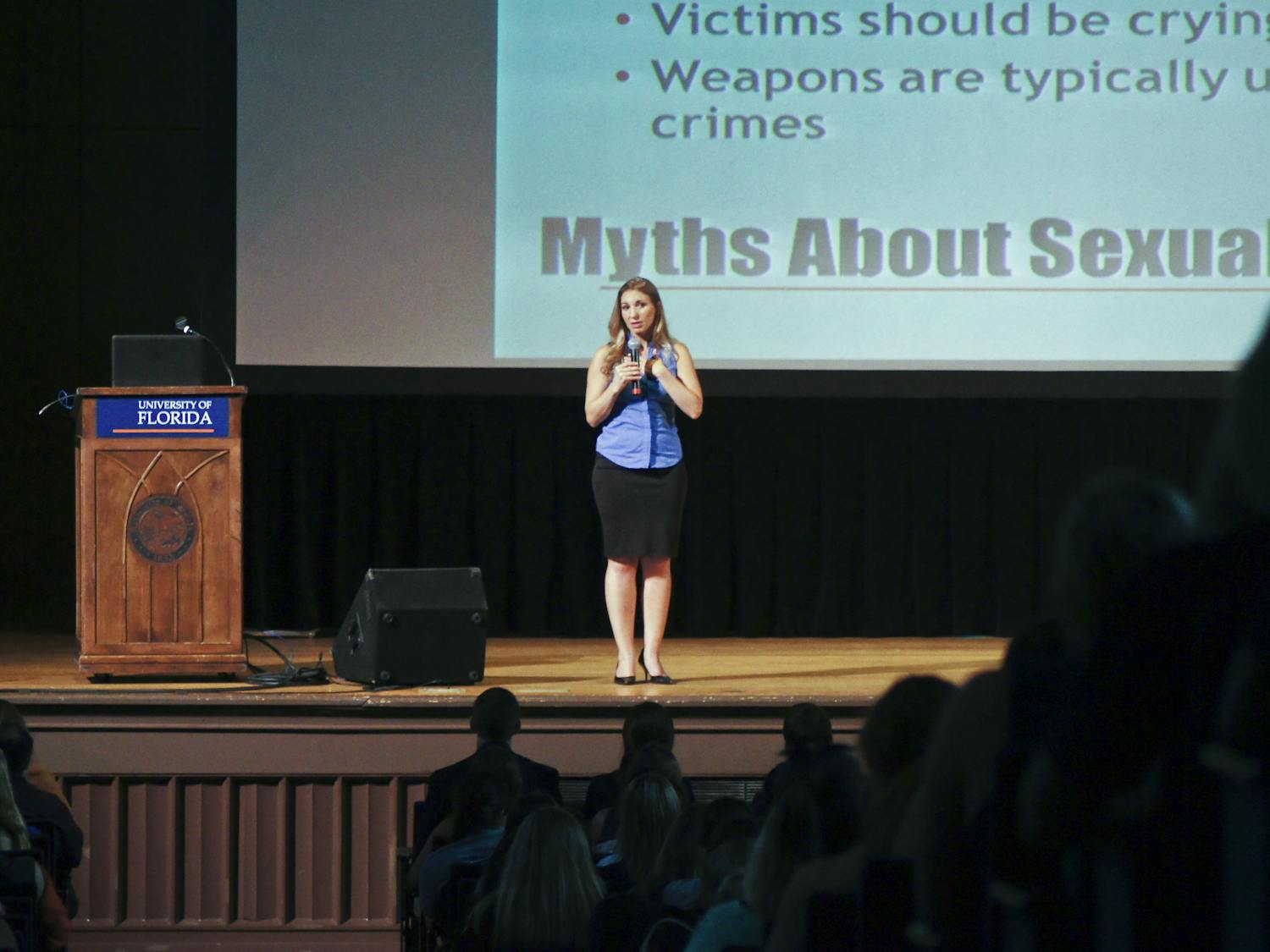 Angela Rose, sexual assault survivor and activist, addresses students Wednesday in University Auditorium for Sexual Assault Awareness Week. She was brought by Accent Speaker’s Bureau. See the story on page 3.