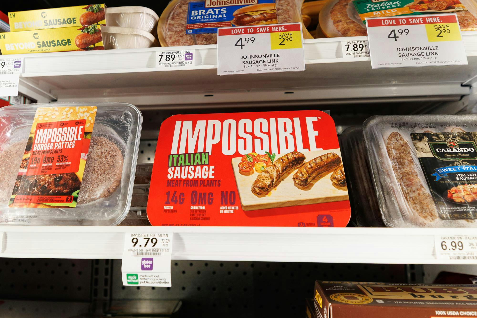 A box of plant-based sausages at the Publix on University Avenue in Gainesville, Fla., Friday, April 10, 2026.