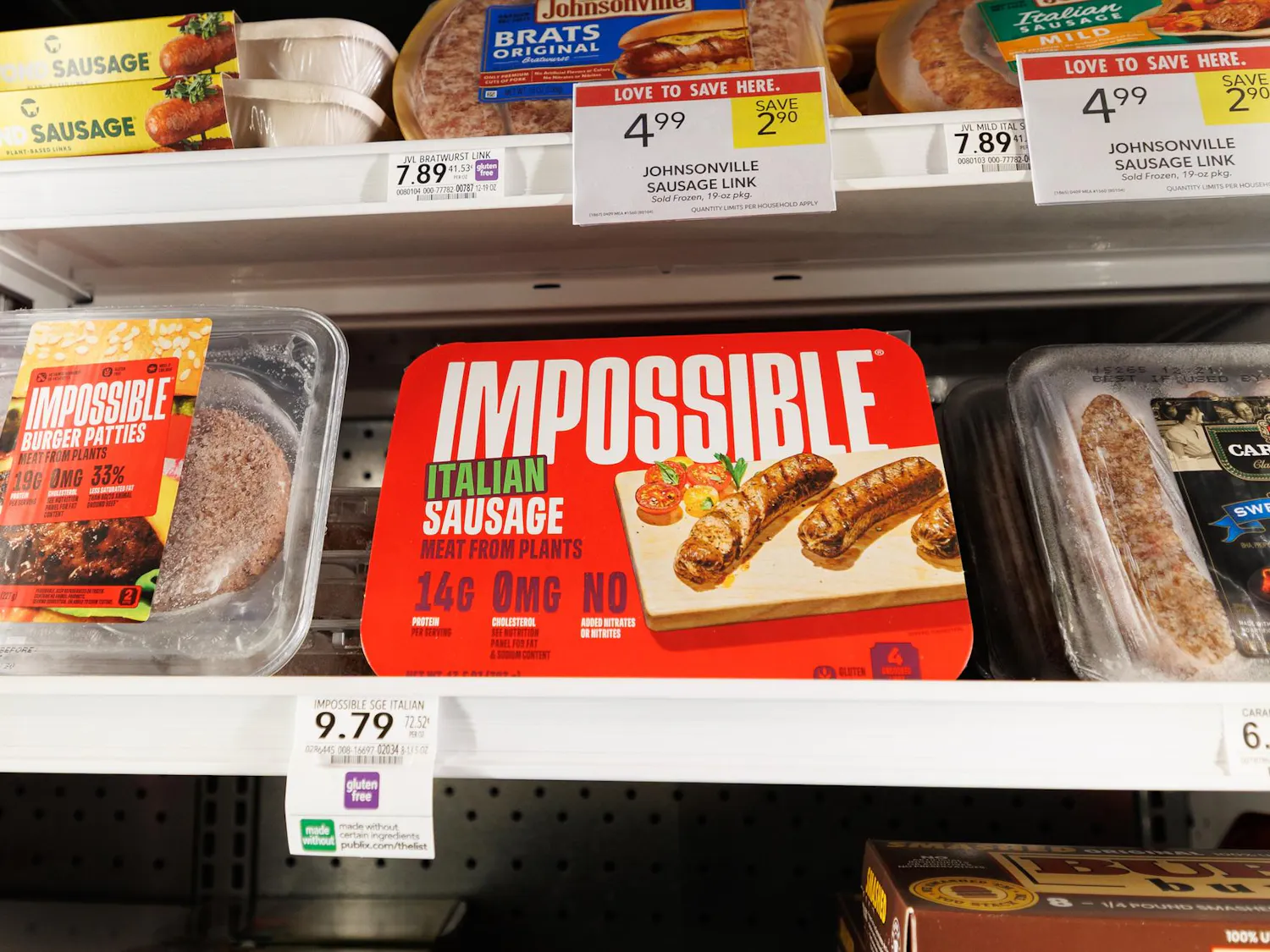 A box of plant-based sausages at the Publix on University Avenue in Gainesville, Fla., Friday, April 10, 2026.