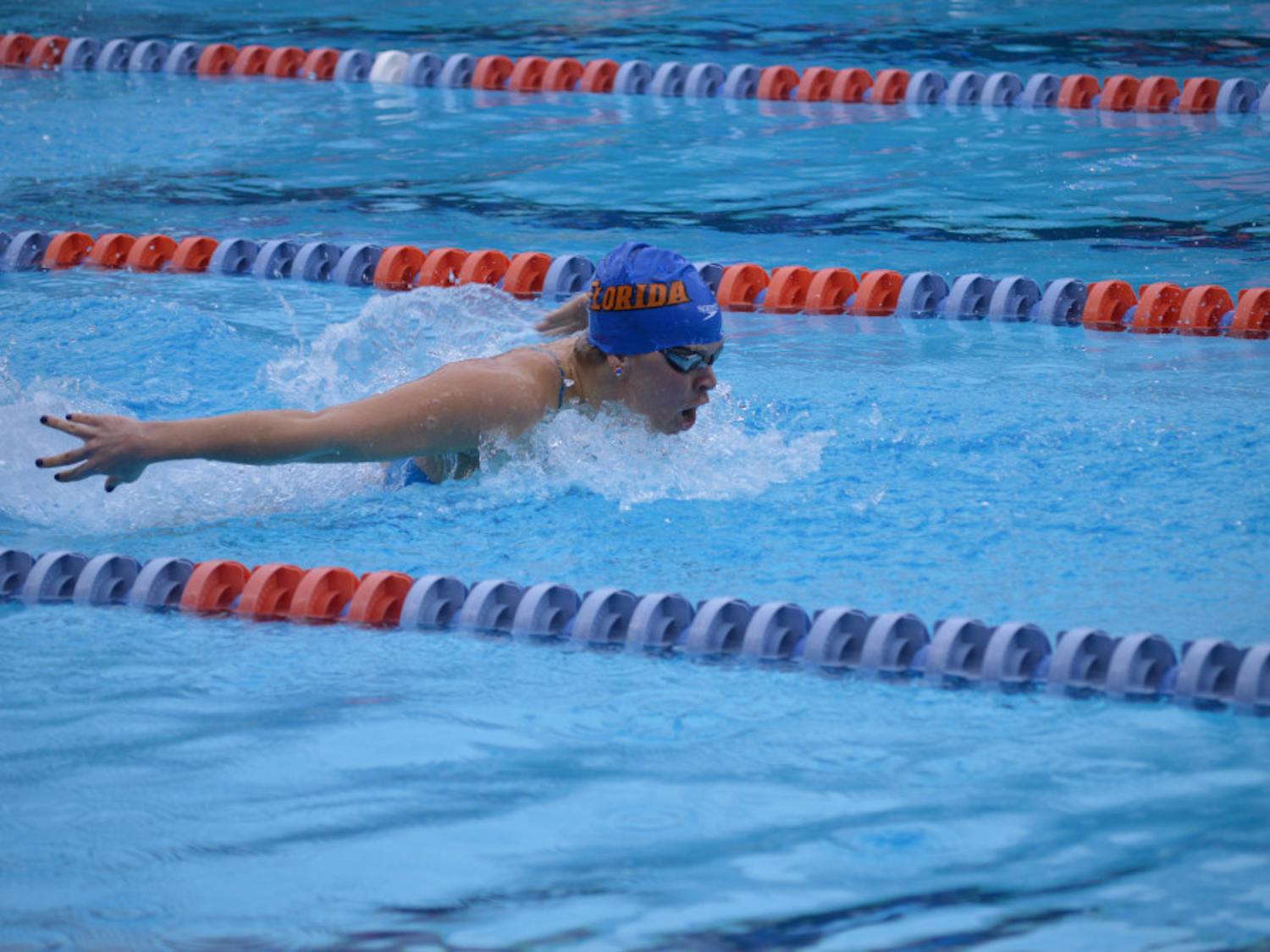 Senior Elizabeth Beisel competes in the 200-yard butterfly during Florida's match against Auburn on Saturday.