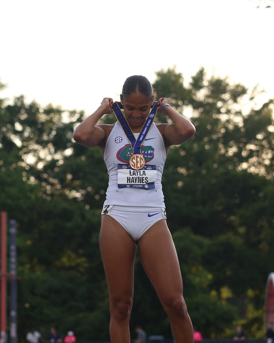 Florida junior Layla Haynes displays her medal at the 2026 SEC Outdoor Championships.