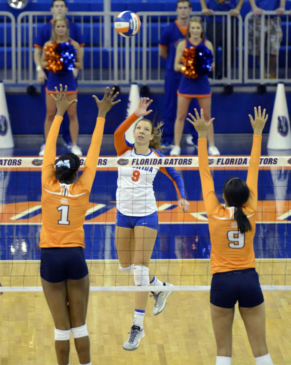 <p>Ziva Recek reaches for the ball during Florida’s three-set victory against Tennessee on Oct. 27 in the O’Connell Center.</p>