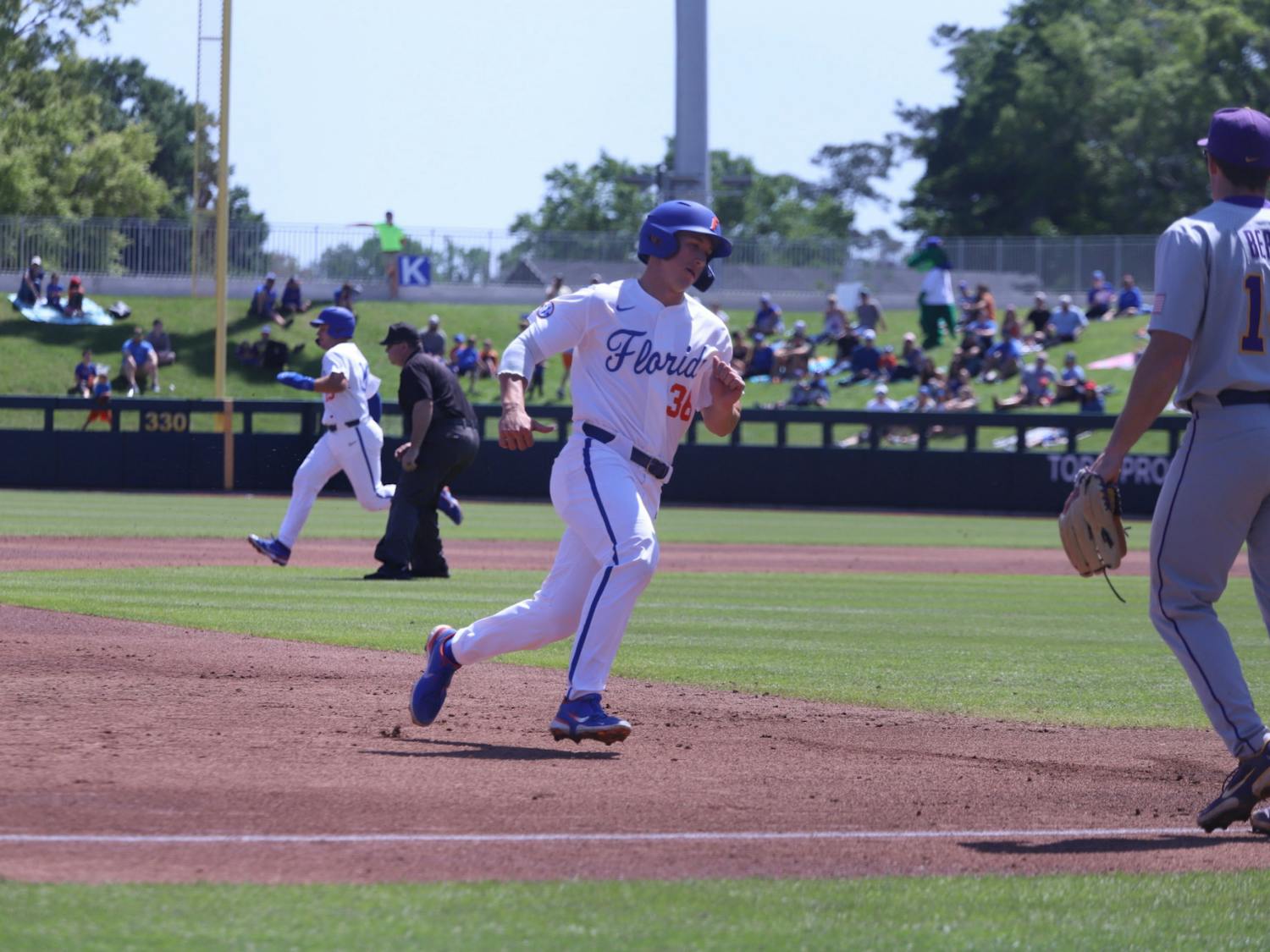 Sophomore left fielder Wyatt Langford rounds third base March 27 against LSU. Langford rocketed two homers in Sunday's win over Central Michigan.