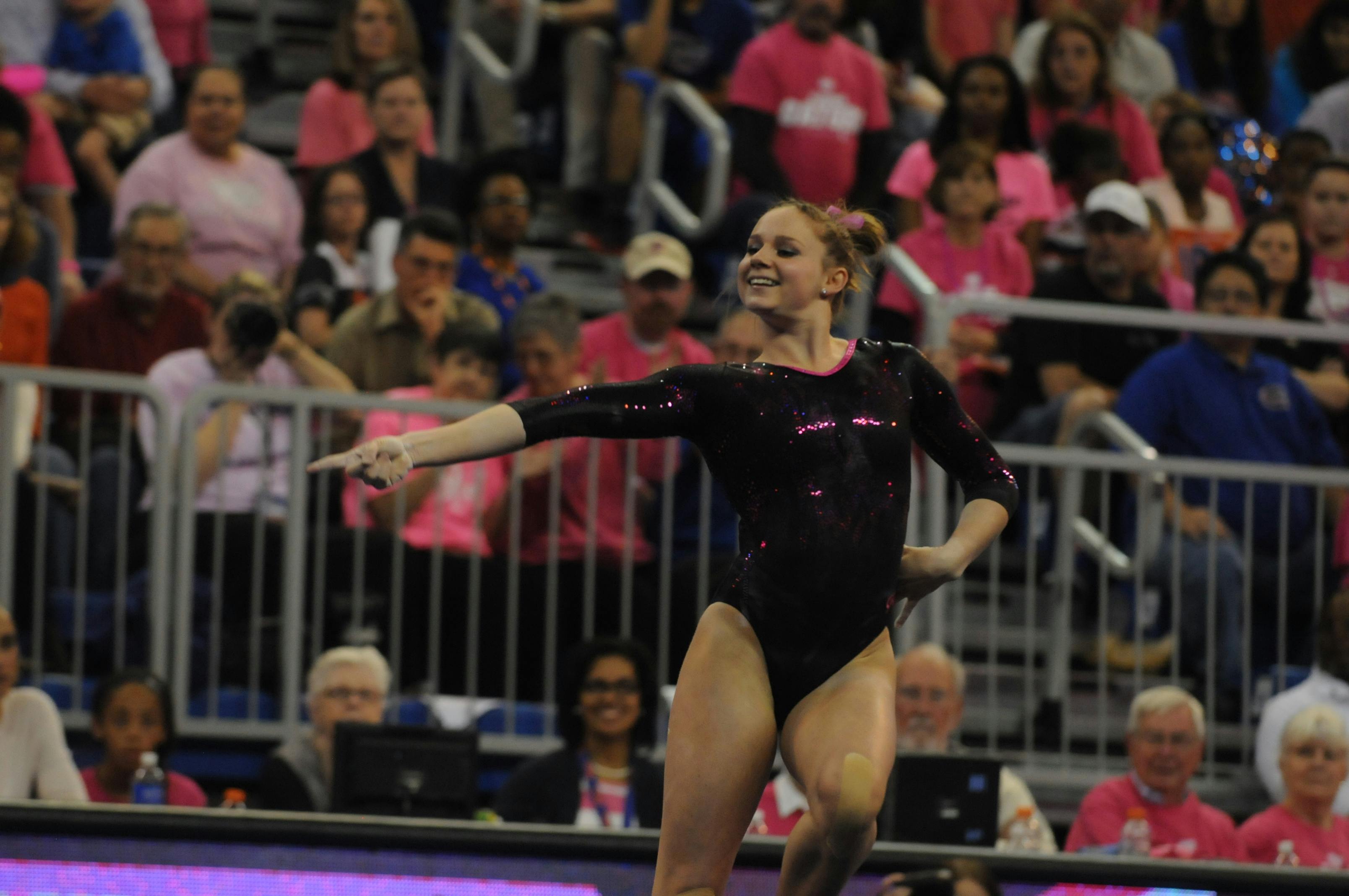 Bridgette Caquatto performs her floor routine during Florida's win against Arkansas on Feb. 12, 2016, in the O'Connell Center.