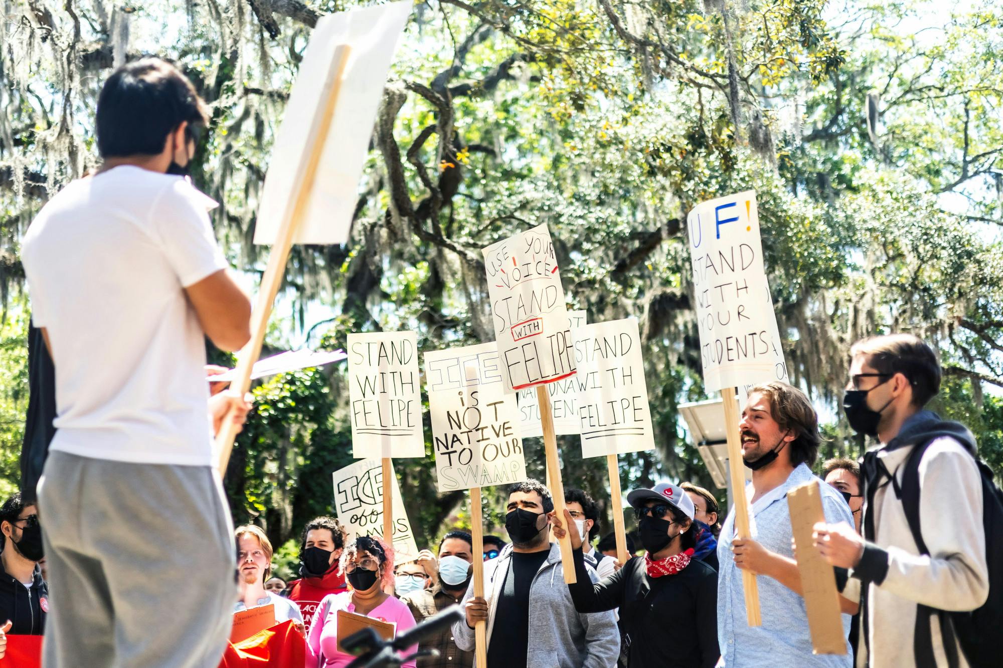 A crowd gathers in Turlington Plaza on Wednesday, April 9, 2025, to protest the UF student recently detained by ICE.