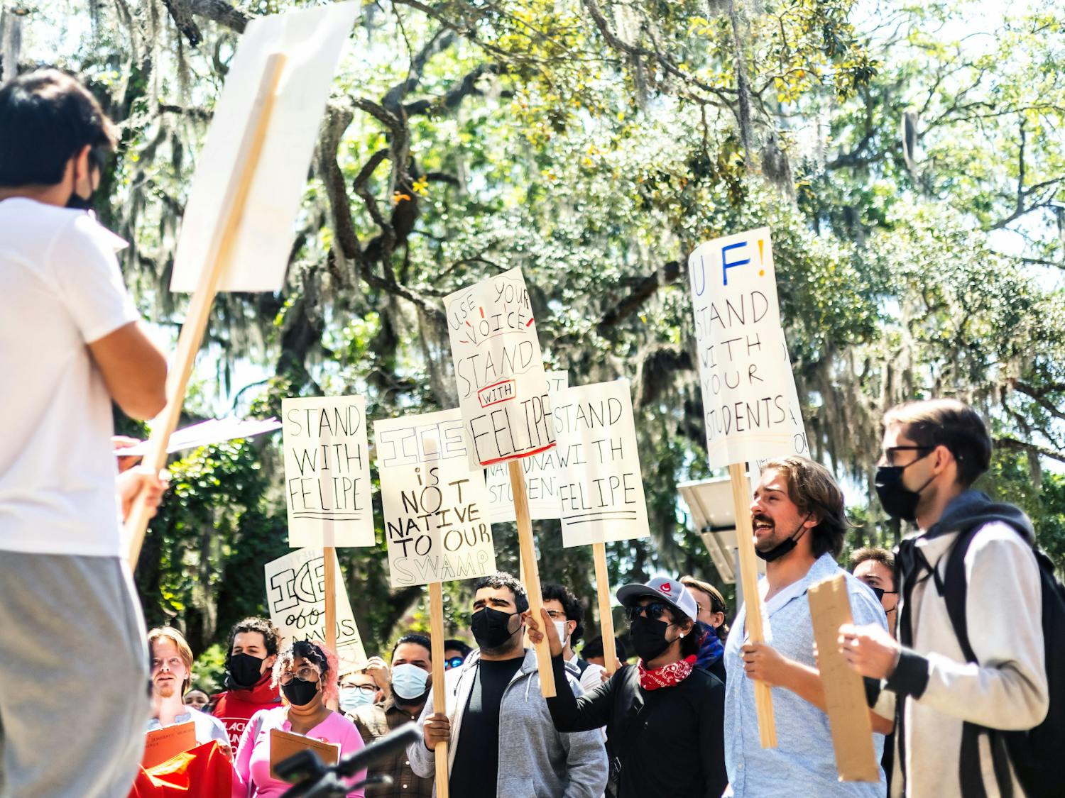 A crowd gathers in Turlington Plaza on Wednesday, April 9, 2025, to protest the UF student recently detained by ICE.