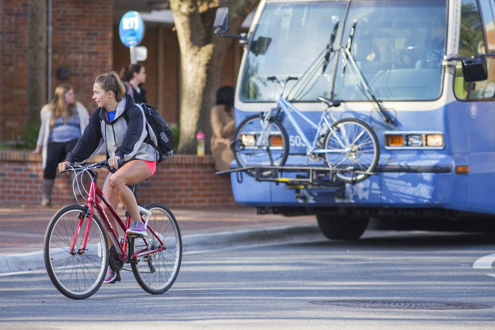 <p>Up to 4 percent of those who take a bus or train to work rode bicycles to get to the transit hub, new UF/IFAS research shows. Those bicyclists pedaled an average of 2 miles to the stations, according to data analyzed by UF/IFAS geomatics Associate Professor Henry Hochmair.</p>