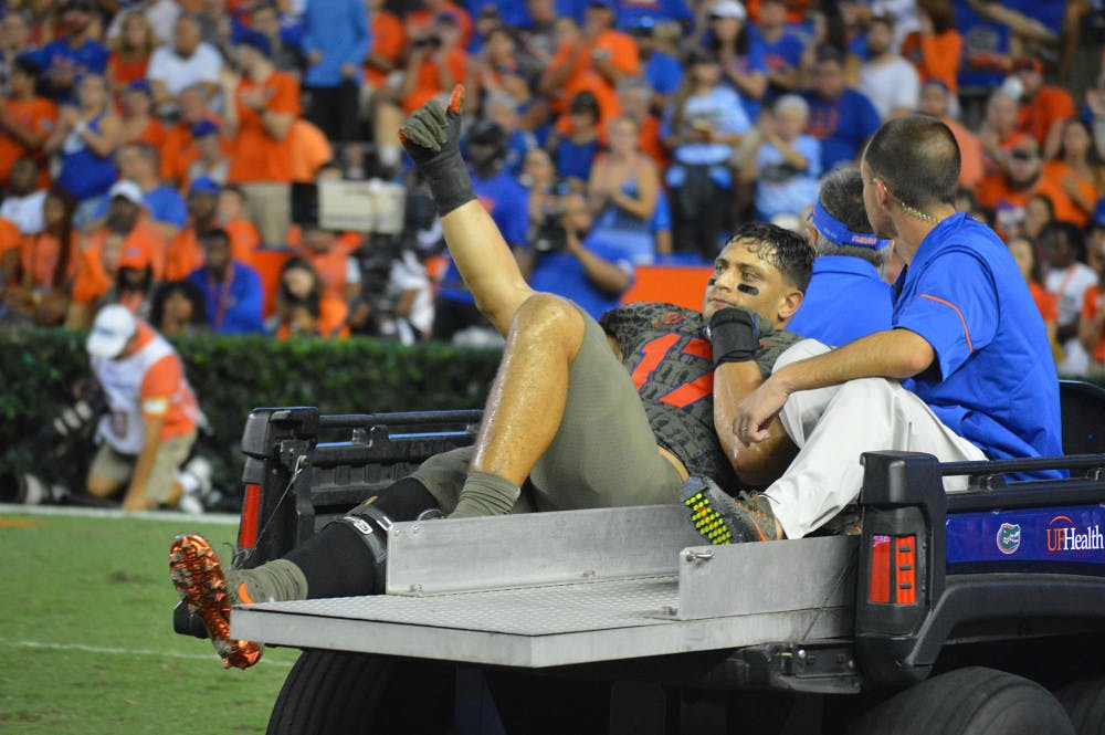 <p>UF defensive lineman Jordan Sherit gets carted off the field during Florida's 19-17 loss to Texas A&amp;M. Coach Jim McElwain confirmed on Wednesday that Sherit <span id="docs-internal-guid-f2d63914-332f-e057-26c7-cdccef7dff2c"><span>underwent season-ending surgery earlier this week.</span></span></p>