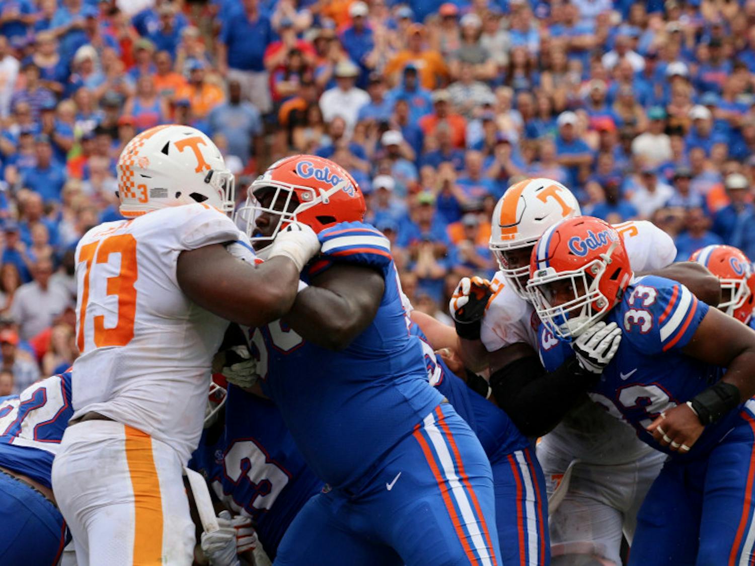 Defensive lineman Tedarrell Slaton tries to get past a Tennessee offensive lineman during Florida's 26-20 win against the Volunteers on Sept. 16, 2017, at Ben Hill Griffin Stadium.