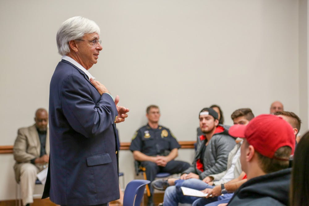 Santa Fe College President Jackson Sasser speaks to more than 50 international students on Wednesday afternoon. 