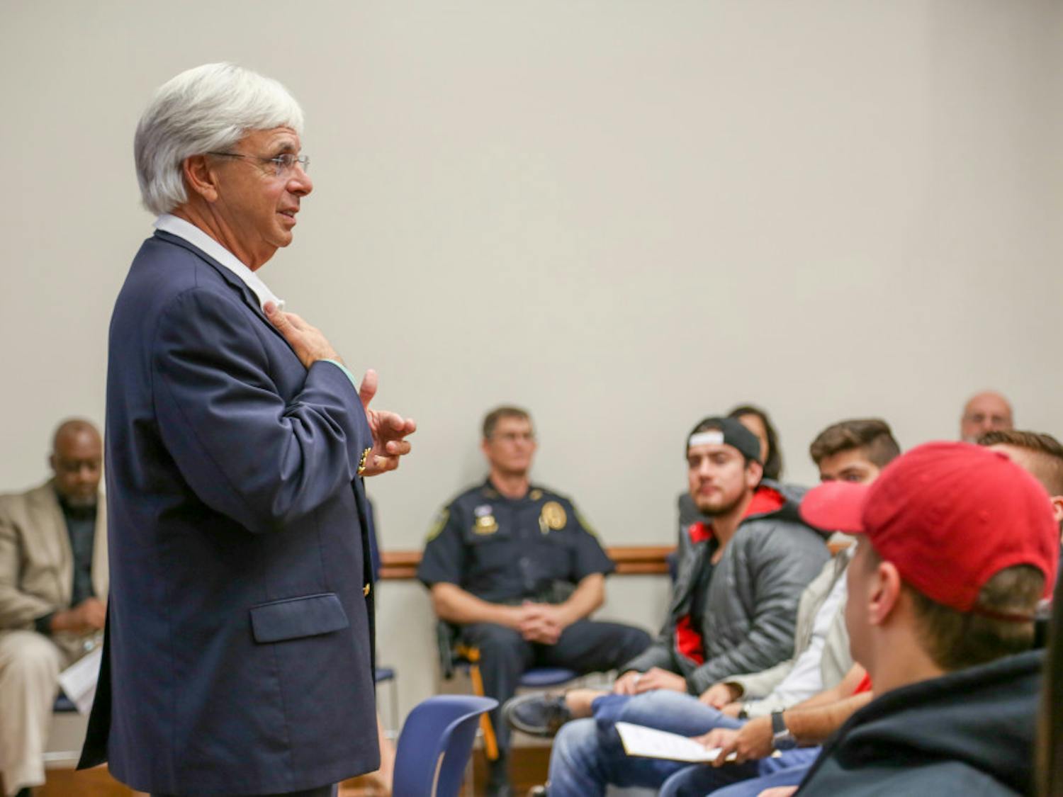 Santa Fe College President Jackson Sasser speaks to more than 50 international students on Wednesday afternoon.