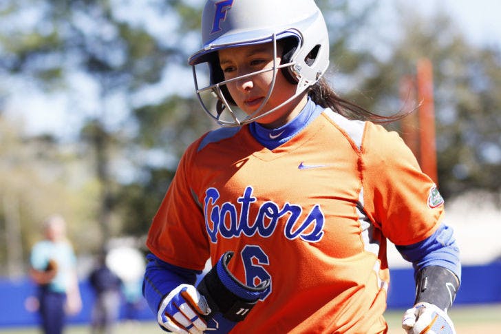 Katie Medina jogs out of the batter’s box during Florida’s 9-1 win over UNC Wilmington on Feb. 17 at Katie Seashole Pressly Stadium. Medina singled with bases loaded to help Florida to a 4-3 walk-off victory against UAB on Saturday in the NCAA Super Regional.