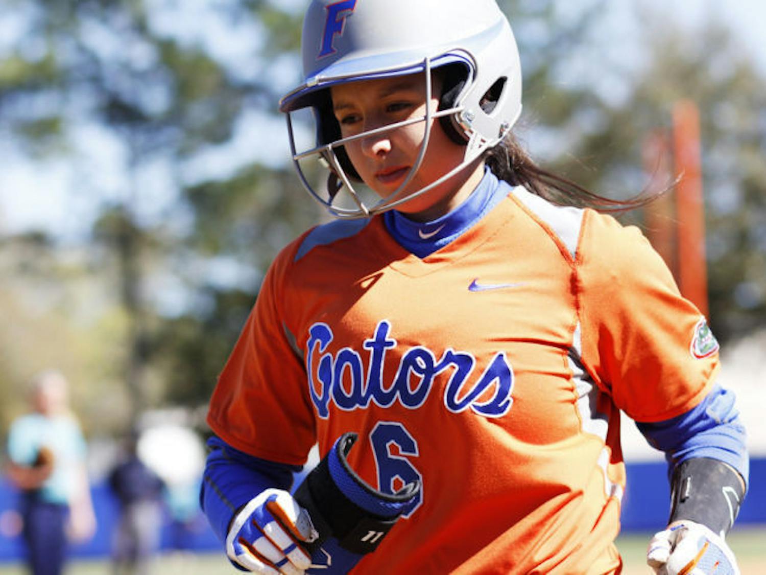 Katie Medina jogs out of the batter’s box during Florida’s 9-1 win over UNC Wilmington on Feb. 17 at Katie Seashole Pressly Stadium. Medina singled with bases loaded to help Florida to a 4-3 walk-off victory against UAB on Saturday in the NCAA Super Regional.