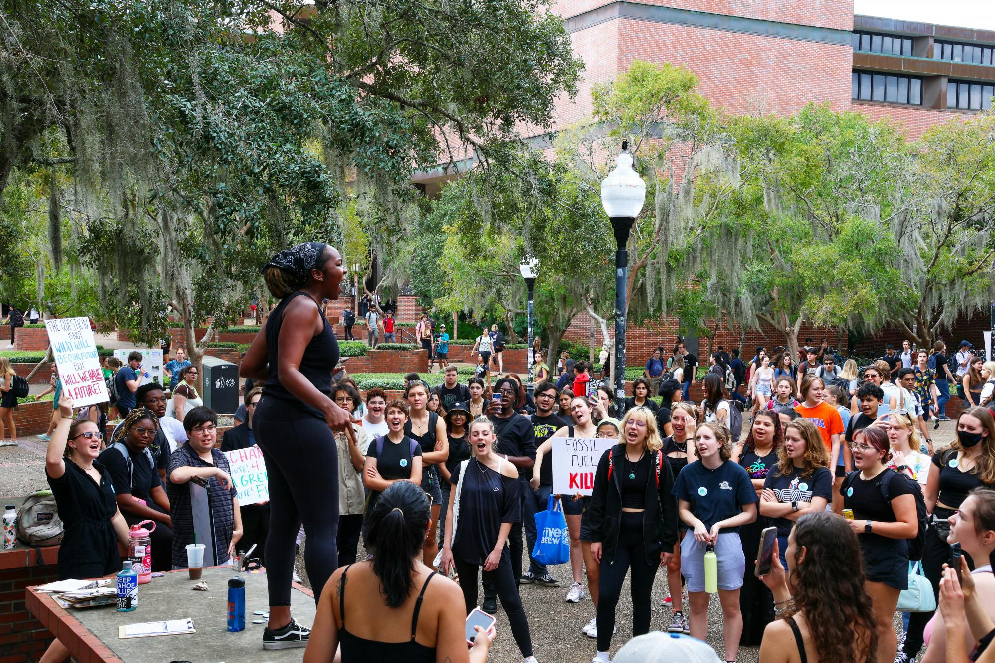 Kariel Stuart rallies students in Turlington Plaza to &quot;mourn the Earth&quot; in protest of climate change Friday, Sept. 23, 2022. 