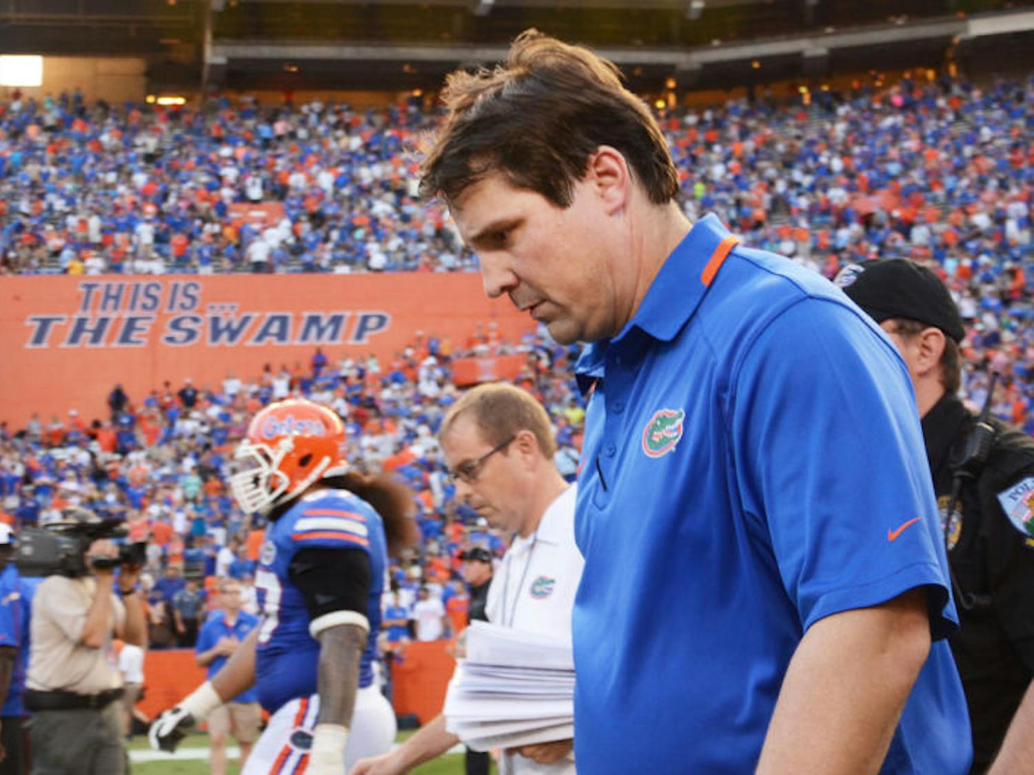Will Muschamp walks off the field following Florida’s 26-20 loss to Georgia Southern on Saturday in Ben Hill Griffin Stadium. The Gators’ loss to the Eagles was their first loss to a current FCS team since 1946.