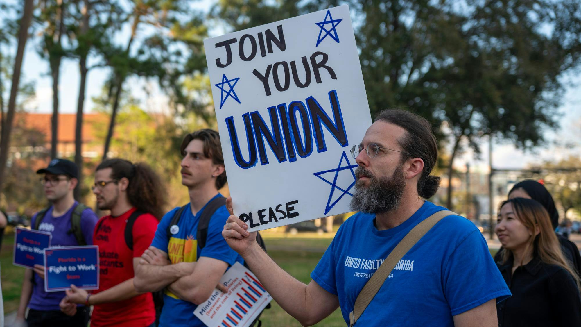 The Graduate Assistants Union meet and protest at Tigert Hall in Gainesville, Fla. Friday, Feb 20, 2026. 