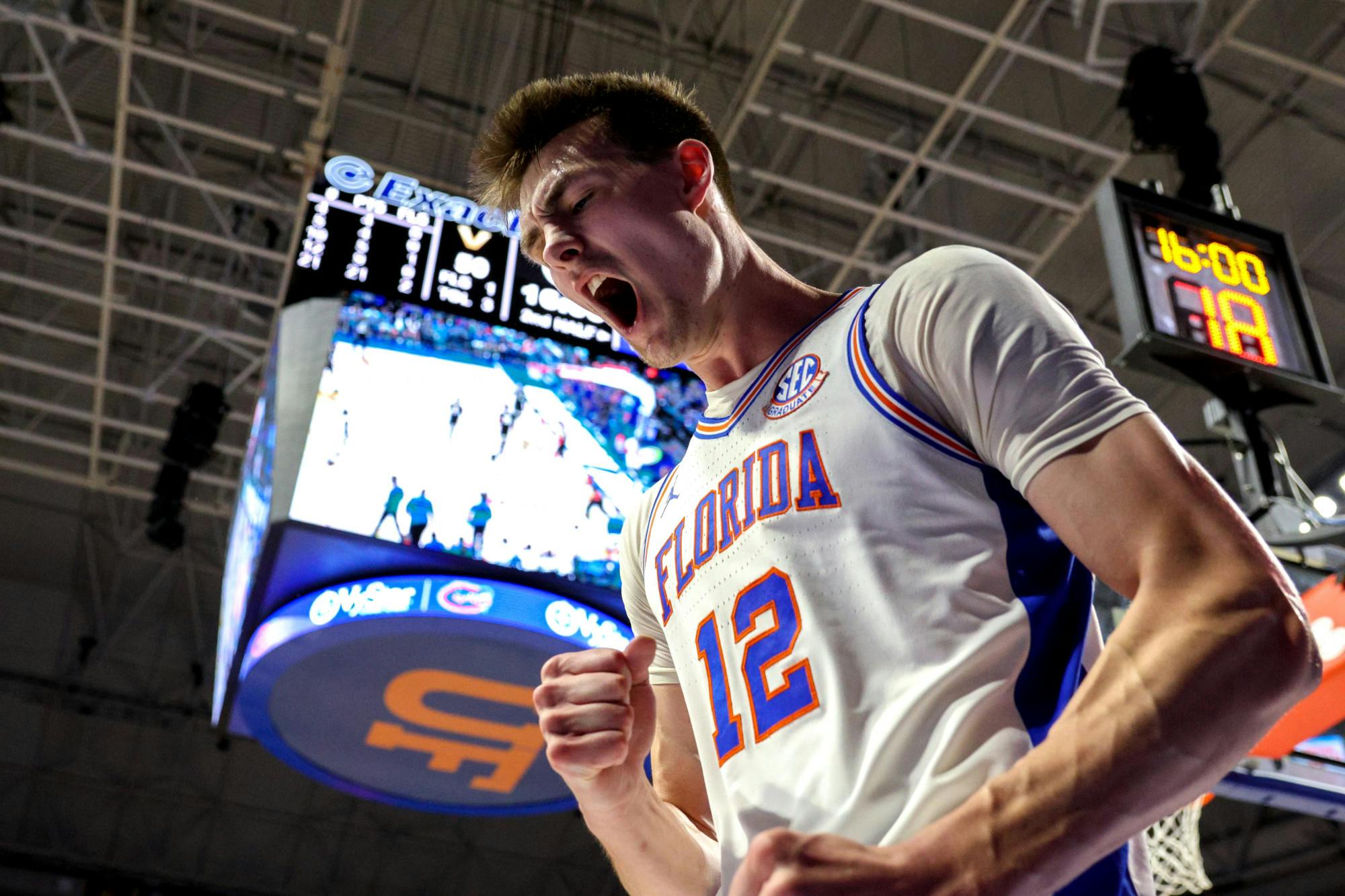 Florida forward Colin Castleton celebrates during the Gators' 88-80 loss to the Vanderbilt Commodores Saturday, Feb. 11, 2023.