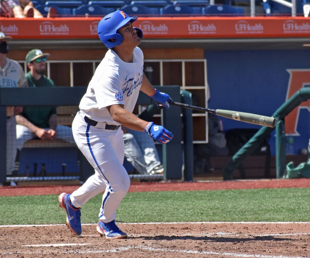 Florida outfielder Kendrick Calilao watches a ball he hit against Jacksonville on March 14. Calilao tied Friday's game in the eighth inning before he struck the winning home run in the ninth.