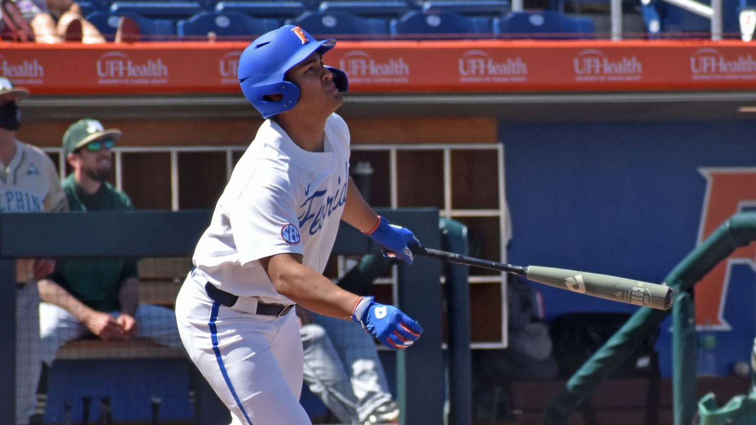 Florida outfielder Kendrick Calilao watches a ball he hit against Jacksonville on March 14. Calilao tied Friday's game in the eighth inning before he struck the winning home run in the ninth.