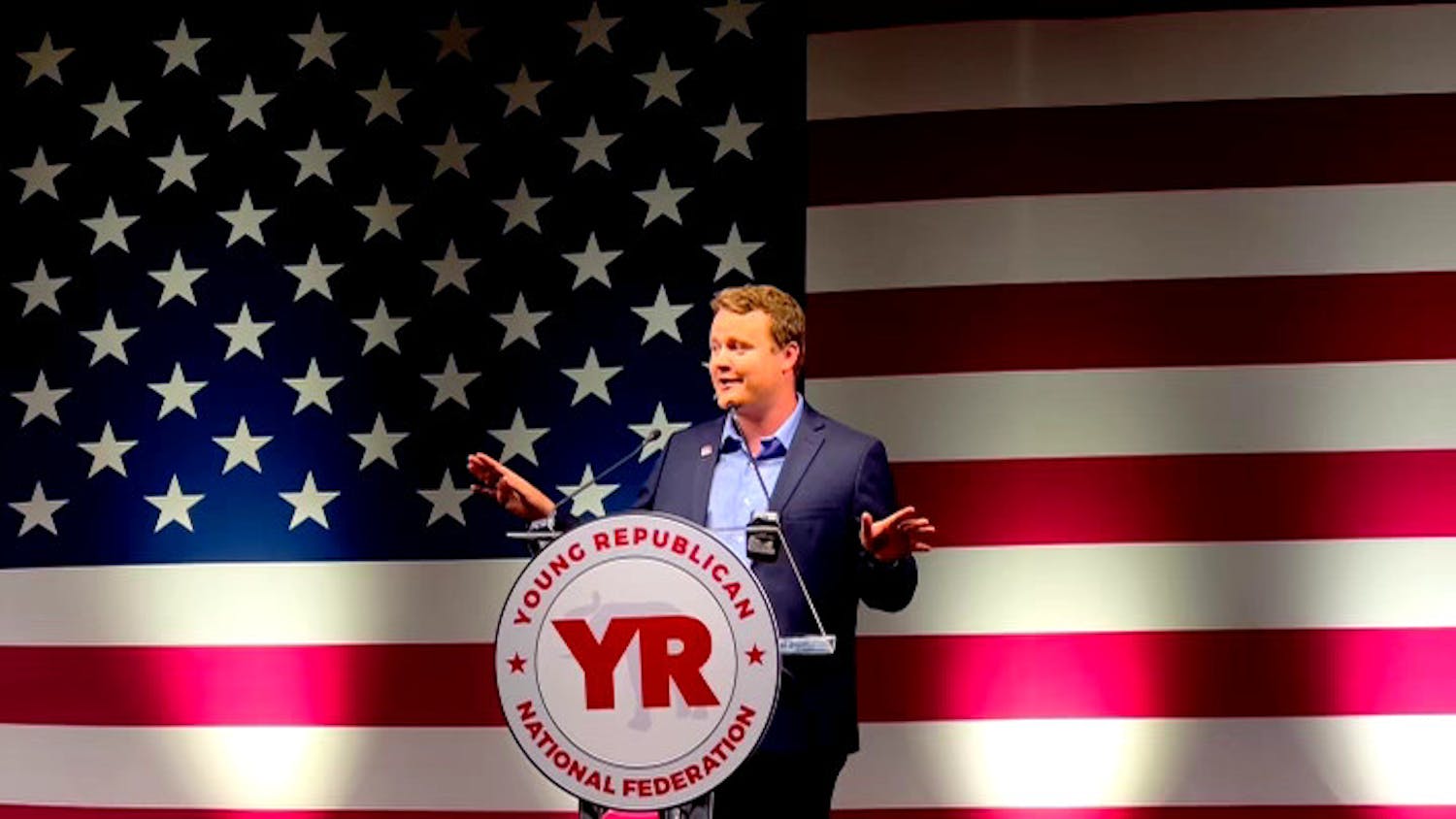 Brandon Ludwig addresses the audience at the Young Republican National Convention in Dallas, Texas on Tuesday, Aug. 18th, 2023.