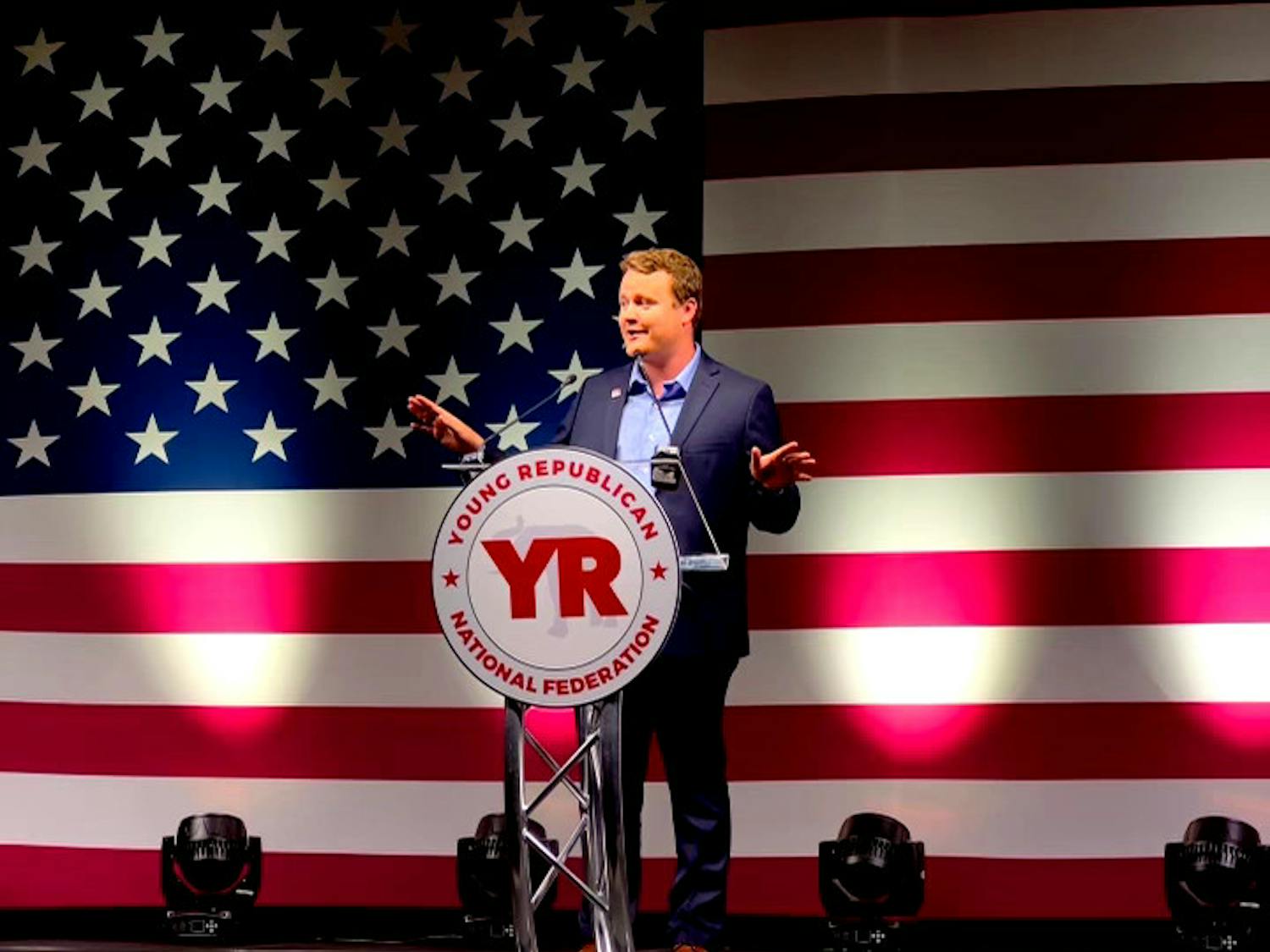 Brandon Ludwig addresses the audience at the Young Republican National Convention in Dallas, Texas on Tuesday, Aug. 18th, 2023.