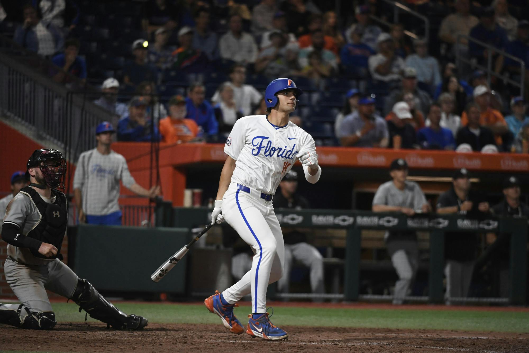 Florida first baseman Jac Caglianone watches his home run after hitting one against the South Carolina Gamecocks on Friday, April 12, 2024. 