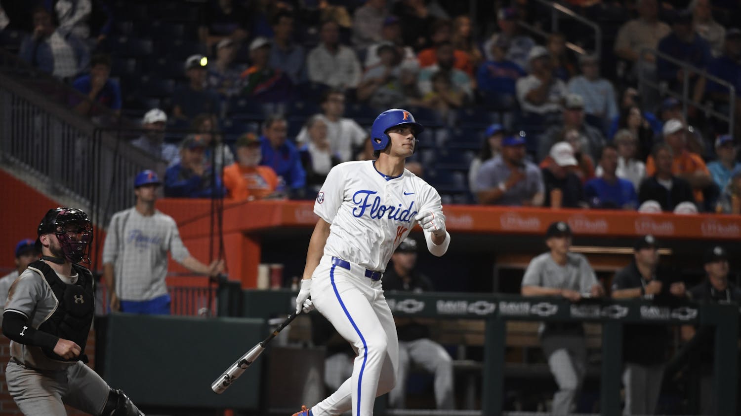Florida first baseman Jac Caglianone watches his home run after hitting one against the South Carolina Gamecocks on Friday, April 12, 2024. 