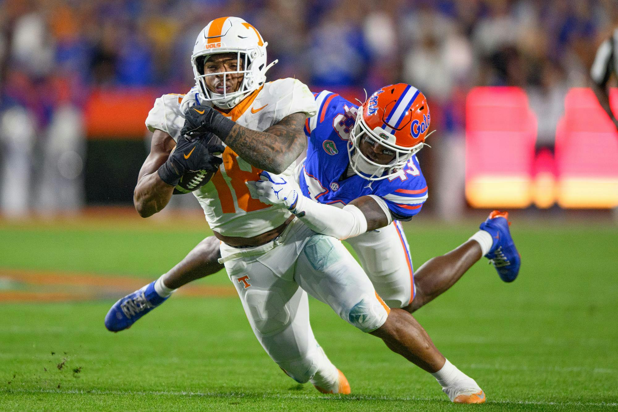 Tennessee running back DeSean Bishop (18) torched the Gators' defense with 116 rushing yards and two touchdowns at Ben Hill Griffin Stadium, Saturday, Nov. 22, 2025, in Gainesville, Fla.