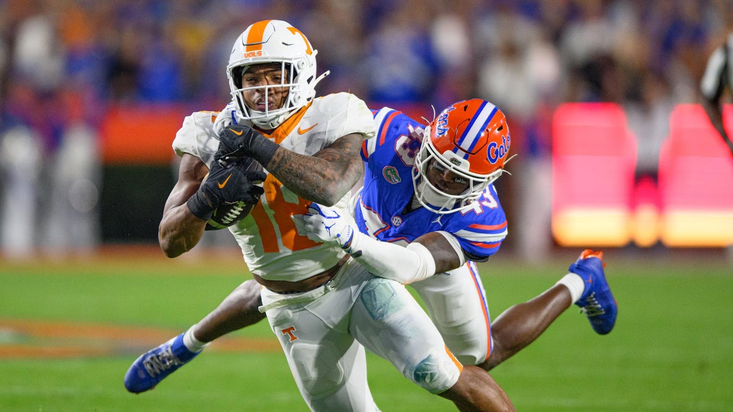 Tennessee running back DeSean Bishop (18) torched the Gators' defense with 116 rushing yards and two touchdowns at Ben Hill Griffin Stadium, Saturday, Nov. 22, 2025, in Gainesville, Fla.